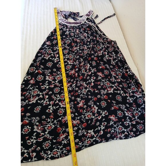 J. Gee Boho Floral Halter Dress Tunic M Navy Blue Embroidered Trim Sleeveless - Picture 8 of 13